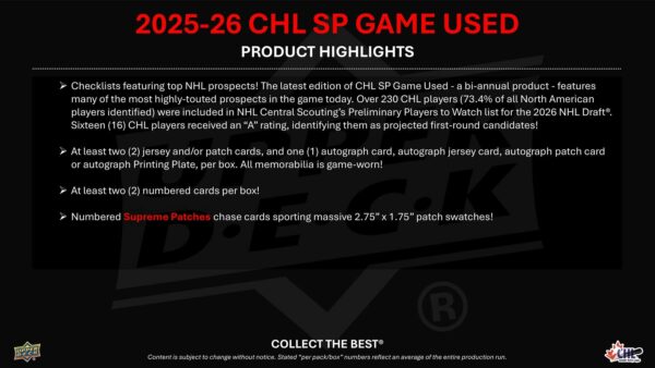 2025/26 Upper Deck CHL SP Game Used Hockey Hobby 20-Box Case